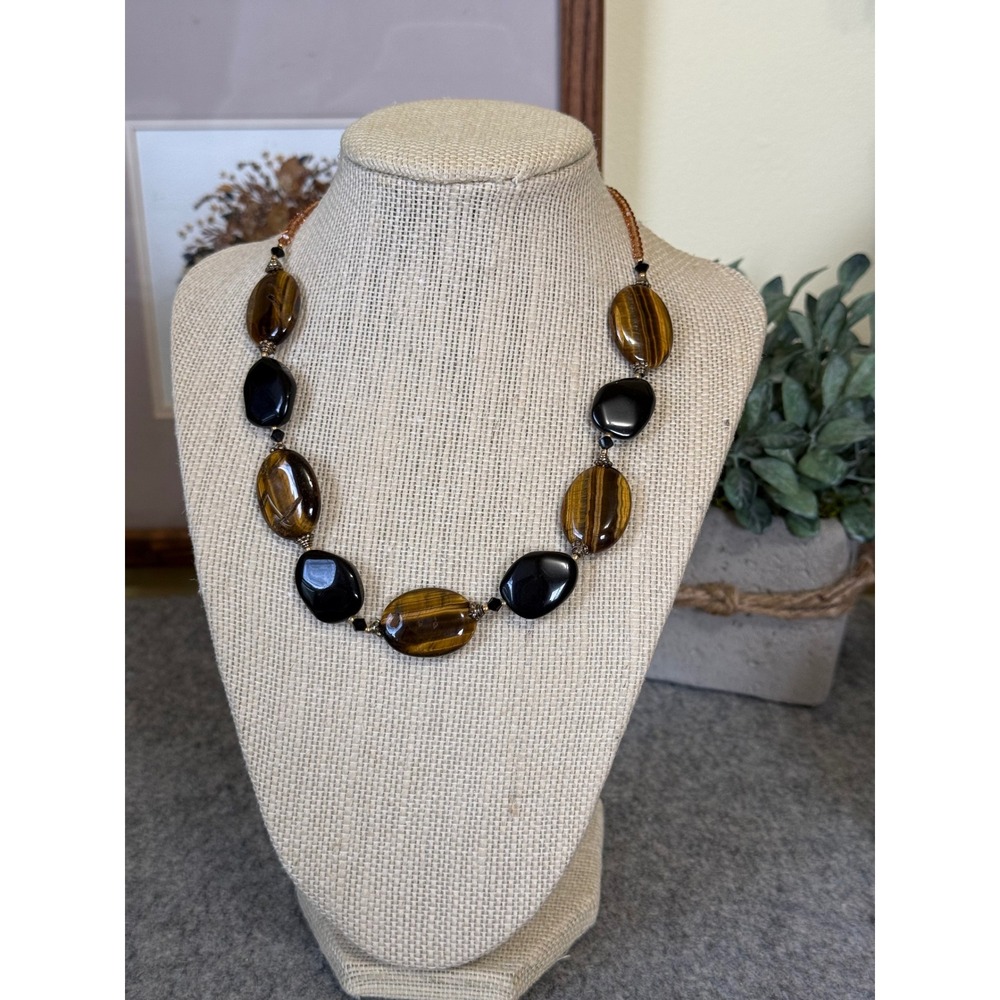 Tigers Eye Black Onyx Chunky Statement Necklace Amber Glass Seed Bead 16.5 In